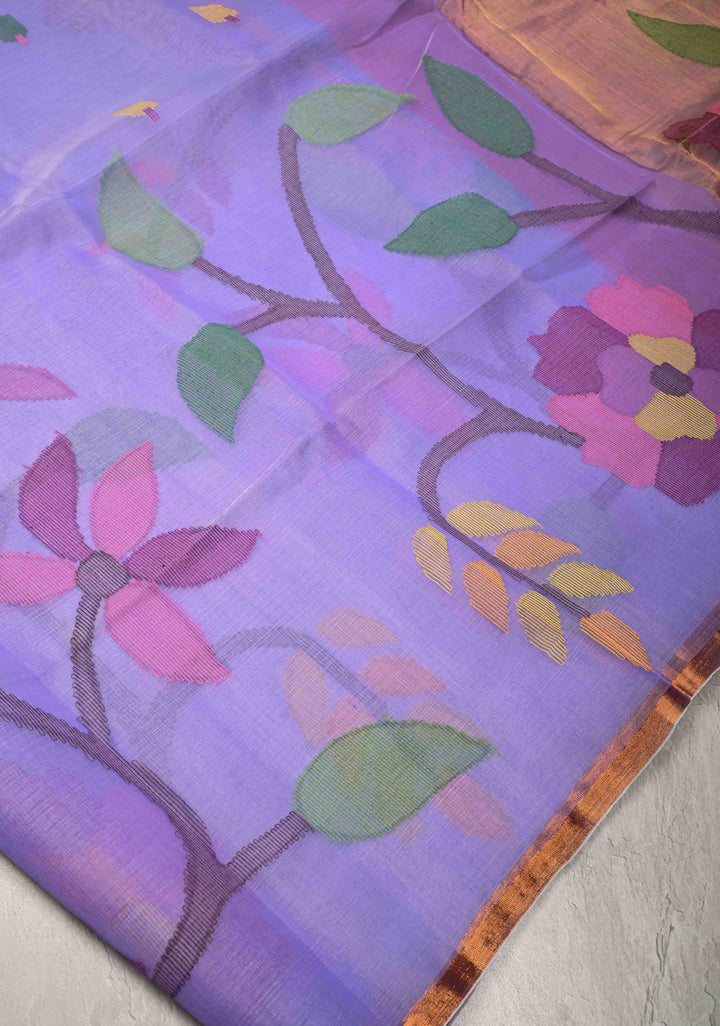 Periwinkle Mercerized Cotton Tissue Saree with Hand Jamdani Work and Minimal Tissue Border
