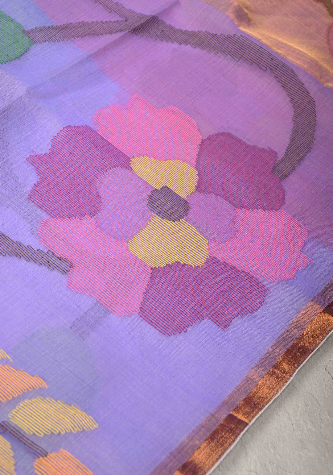 Periwinkle Mercerized Cotton Tissue Saree with Hand Jamdani Work and Minimal Tissue Border