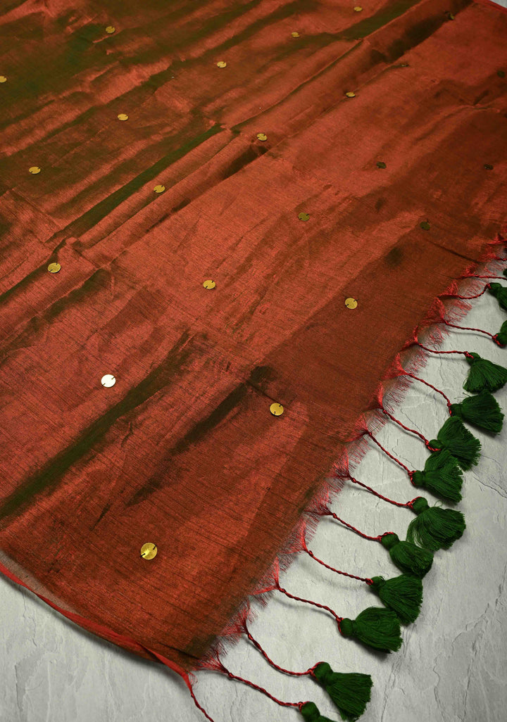 Maroon Green Dual Tone Tissue by Tissue Saree with Tikki Work and Long Tassels , No Blouse Peice