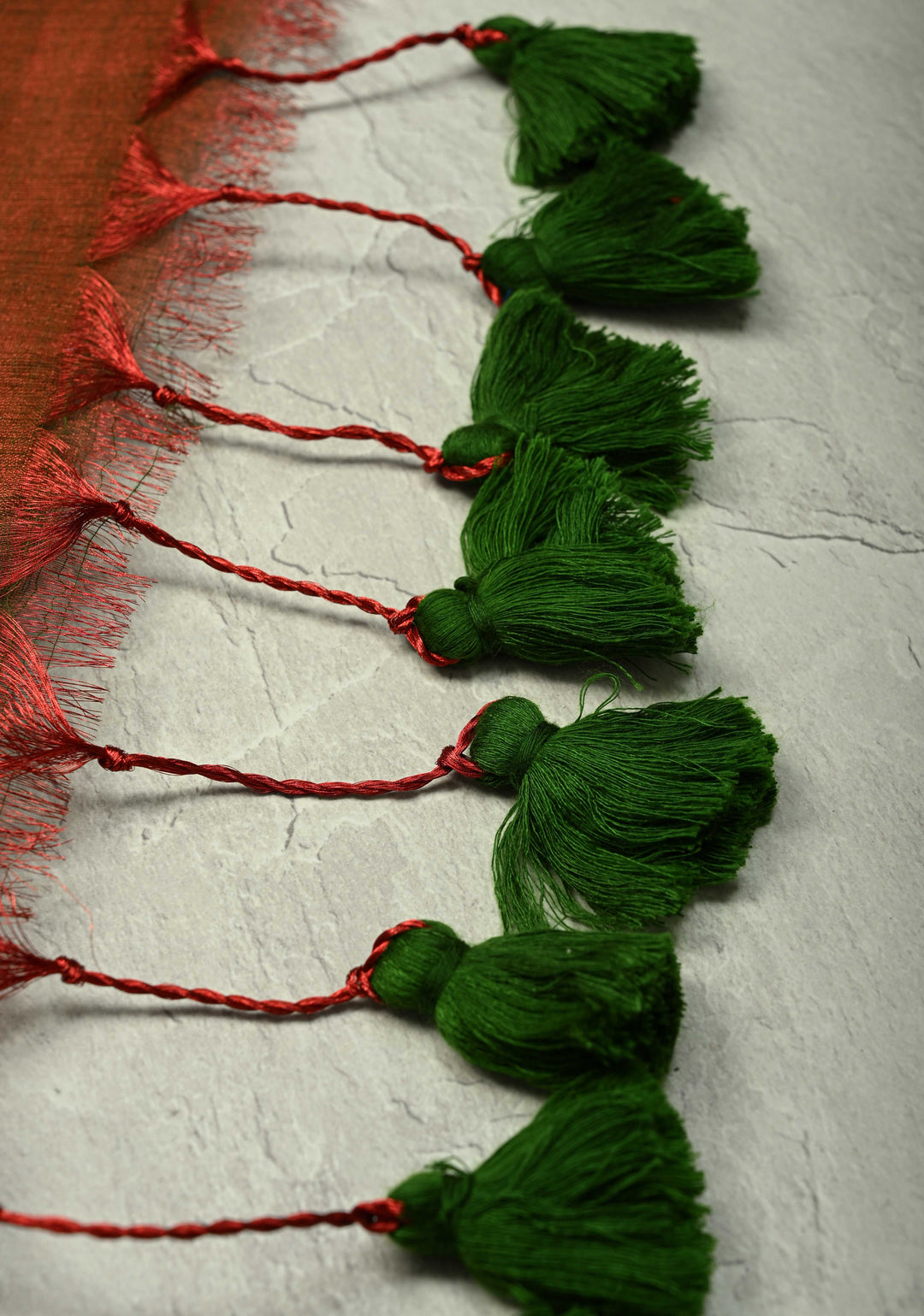 Maroon Green Dual Tone Tissue by Tissue Saree with Tikki Work and Long Tassels , No Blouse Peice