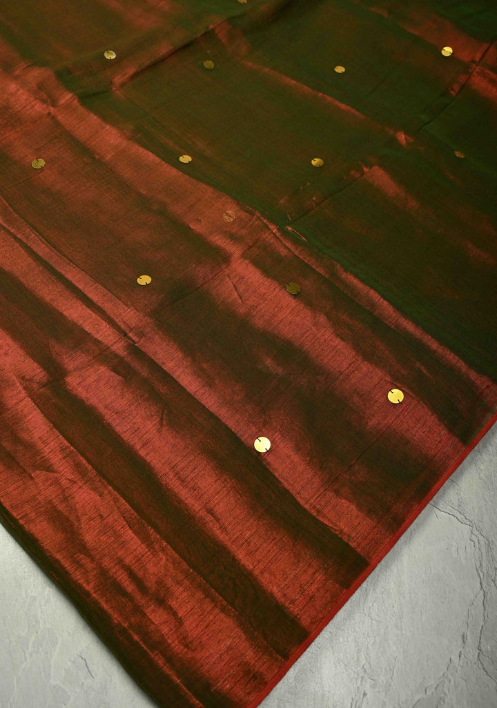 Maroon Green Dual Tone Tissue by Tissue Saree with Tikki Work and Long Tassels , No Blouse Peice