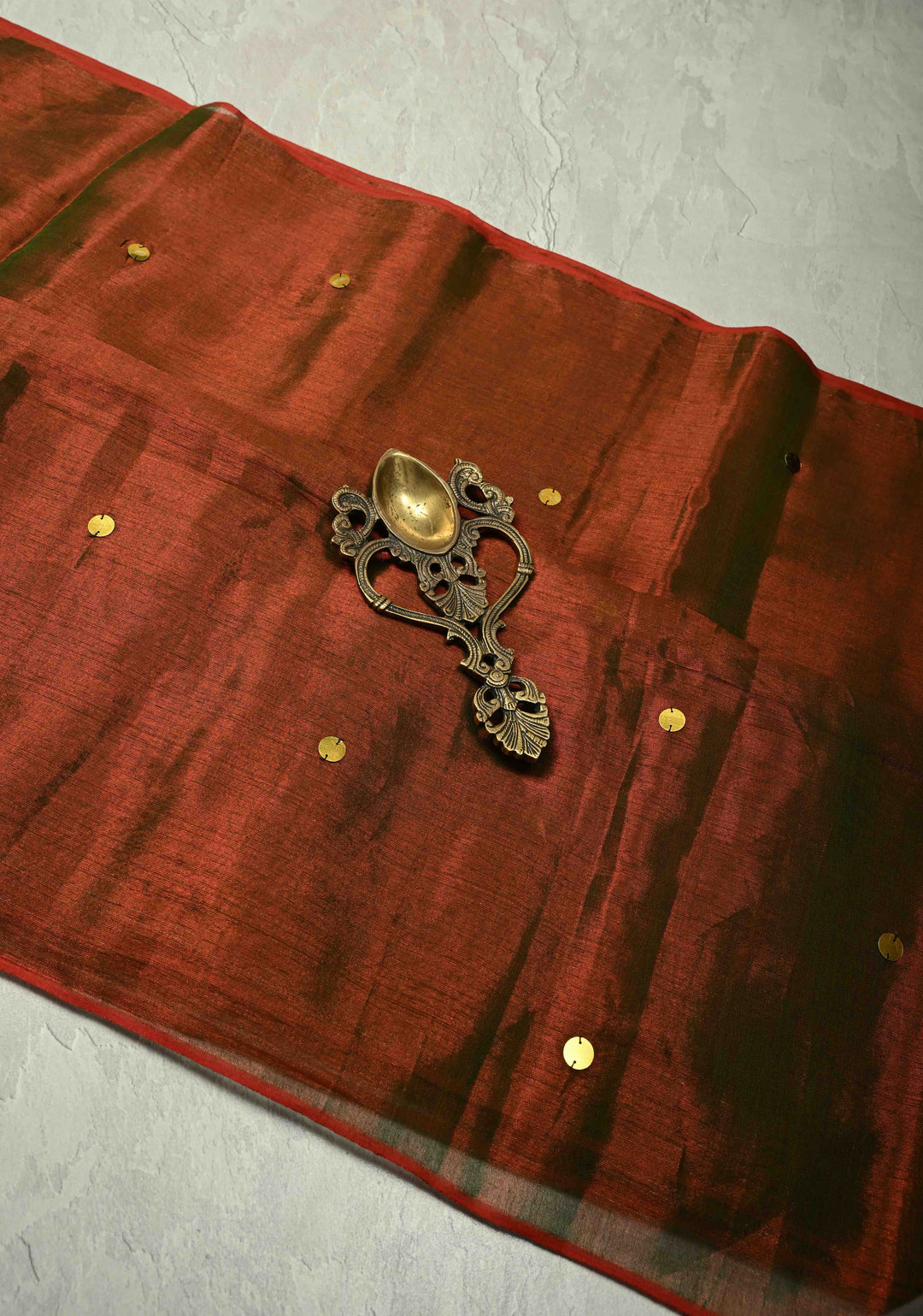 Maroon Green Dual Tone Tissue by Tissue Saree with Tikki Work and Long Tassels , No Blouse Peice