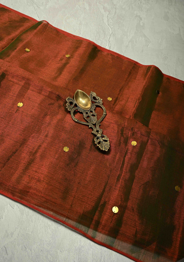 Maroon Green Dual Tone Tissue by Tissue Saree with Tikki Work and Long Tassels , No Blouse Peice