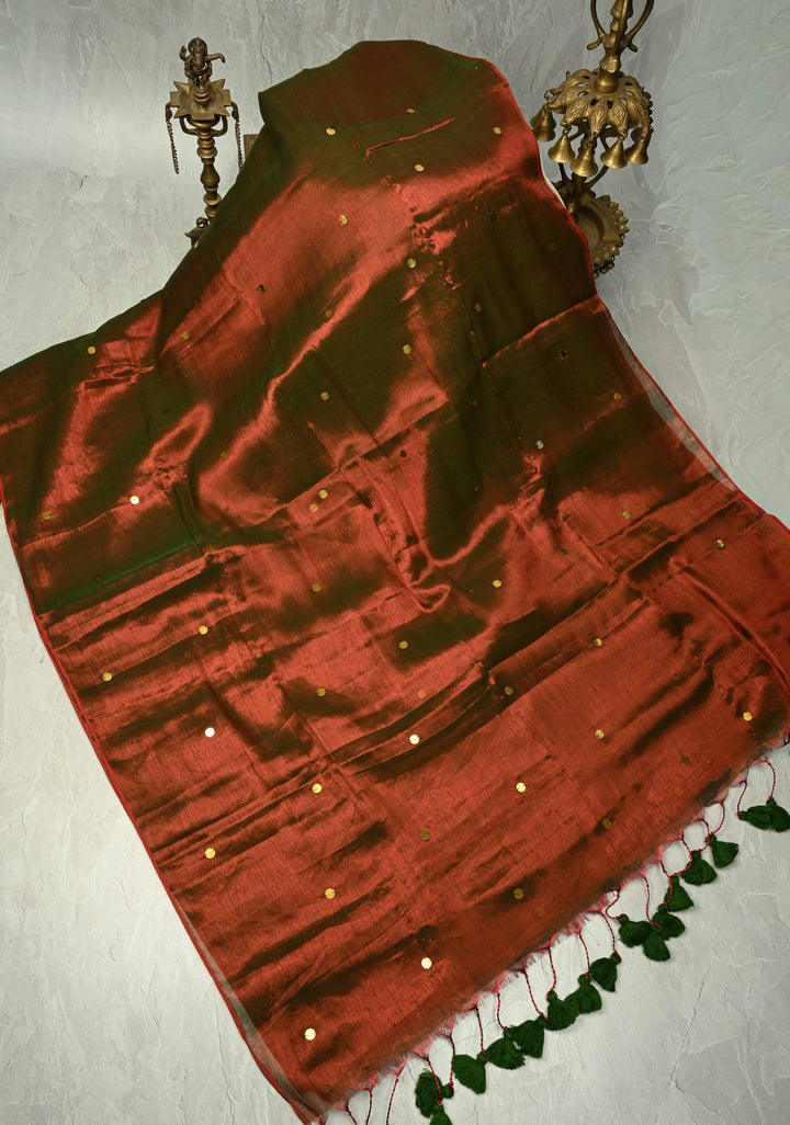 Maroon Green Dual Tone Tissue by Tissue Saree with Tikki Work and Long Tassels , No Blouse Peice