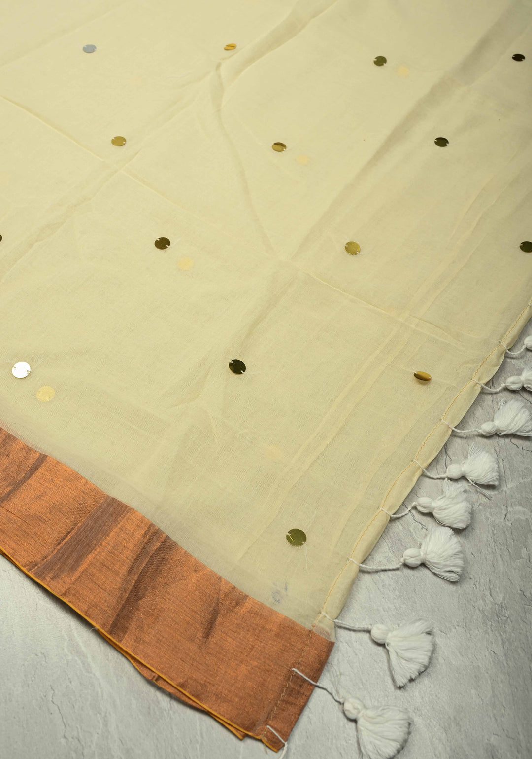 Beige Bengal Cotton saree in With Tikki work and Long Tassels No Blouse Piece