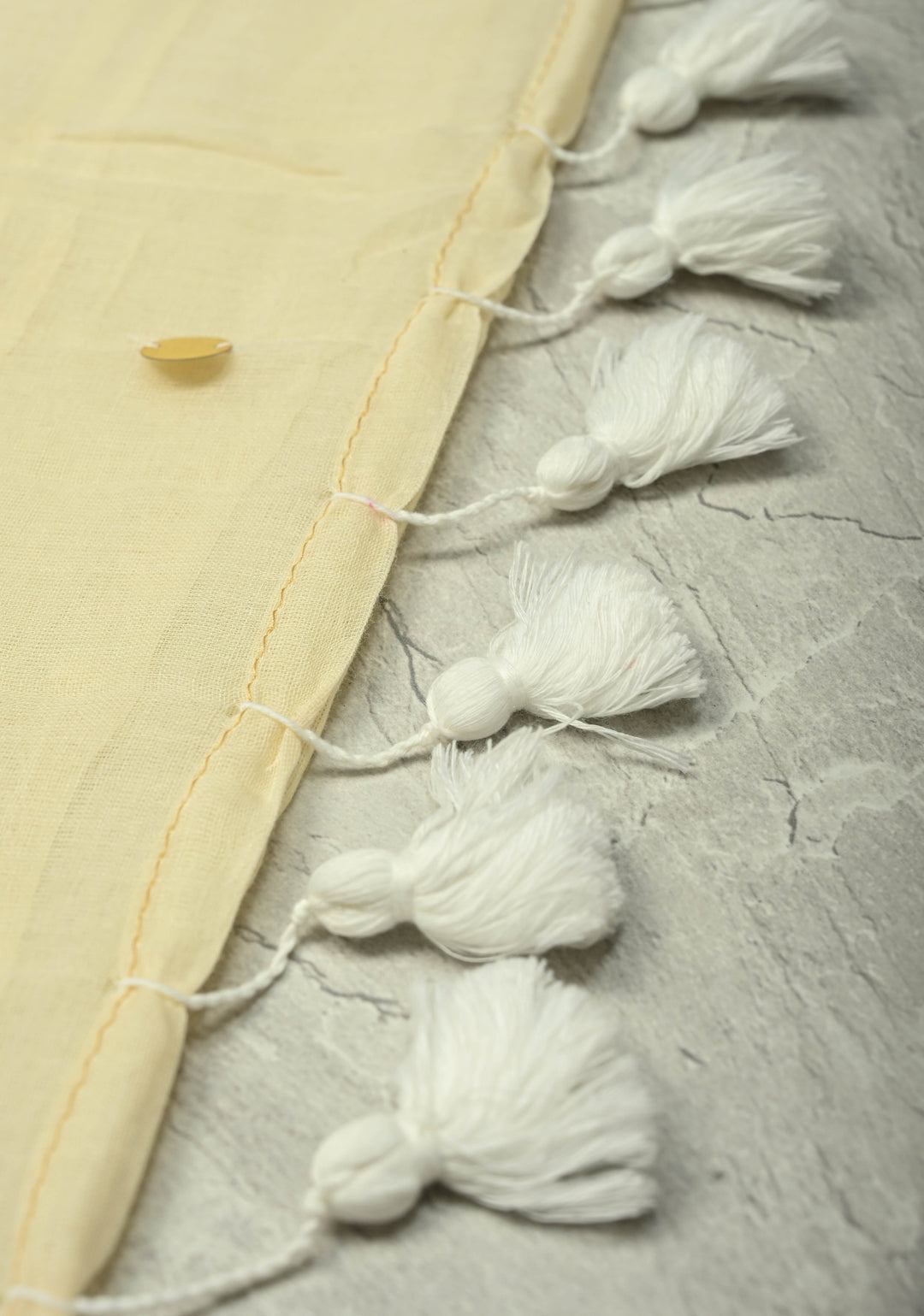 Beige Bengal Cotton saree in With Tikki work and Long Tassels No Blouse Piece