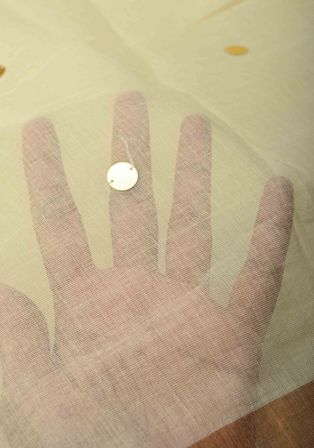 Beige Bengal Cotton saree in With Tikki work and Long Tassels No Blouse Piece