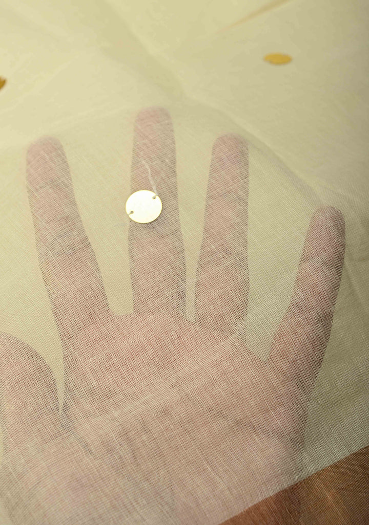 Beige Bengal Cotton saree in With Tikki work and Long Tassels No Blouse Piece