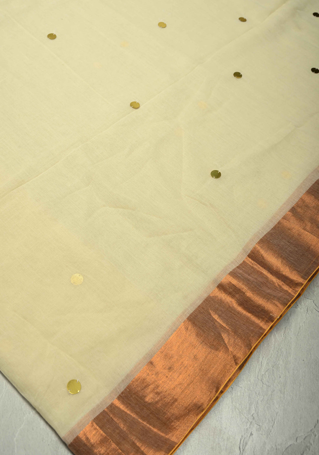 Beige Bengal Cotton saree in With Tikki work and Long Tassels No Blouse Piece