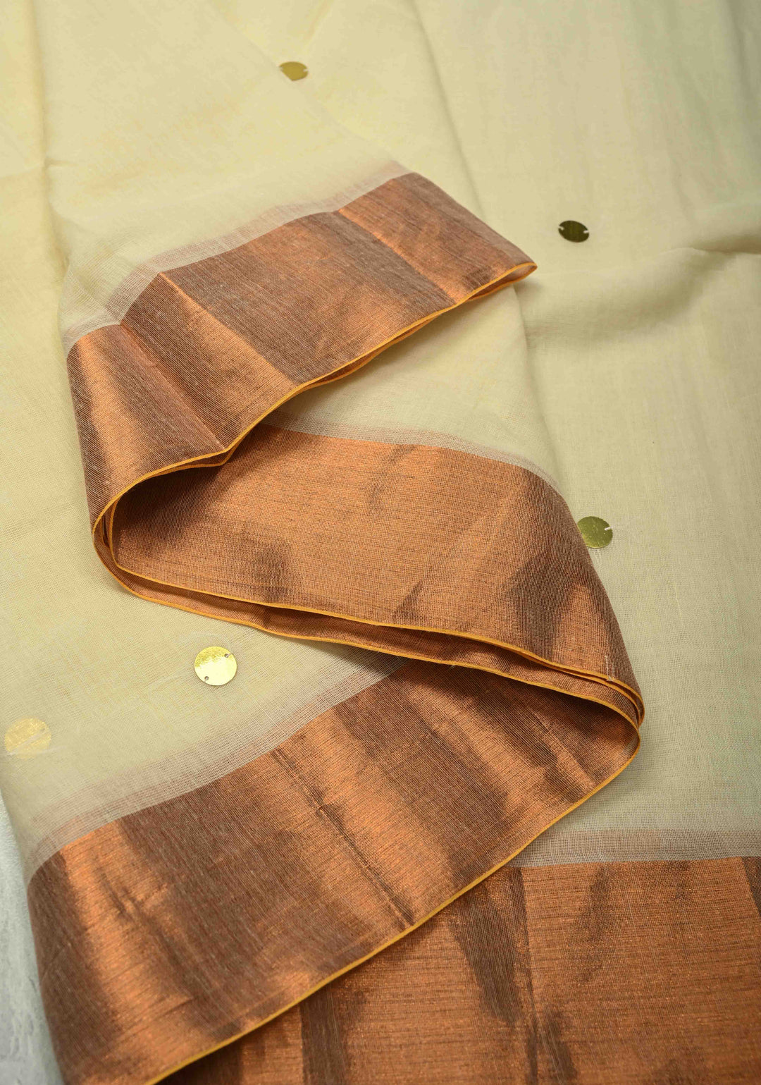 Beige Bengal Cotton saree in With Tikki work and Long Tassels No Blouse Piece