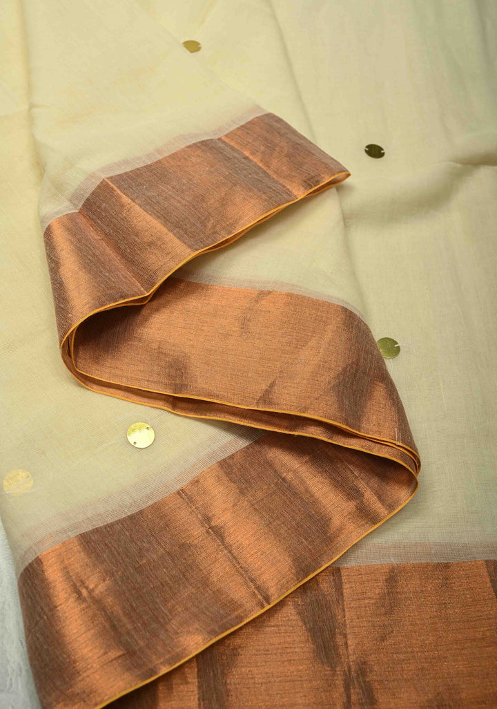 Beige Bengal Cotton saree in With Tikki work and Long Tassels No Blouse Piece