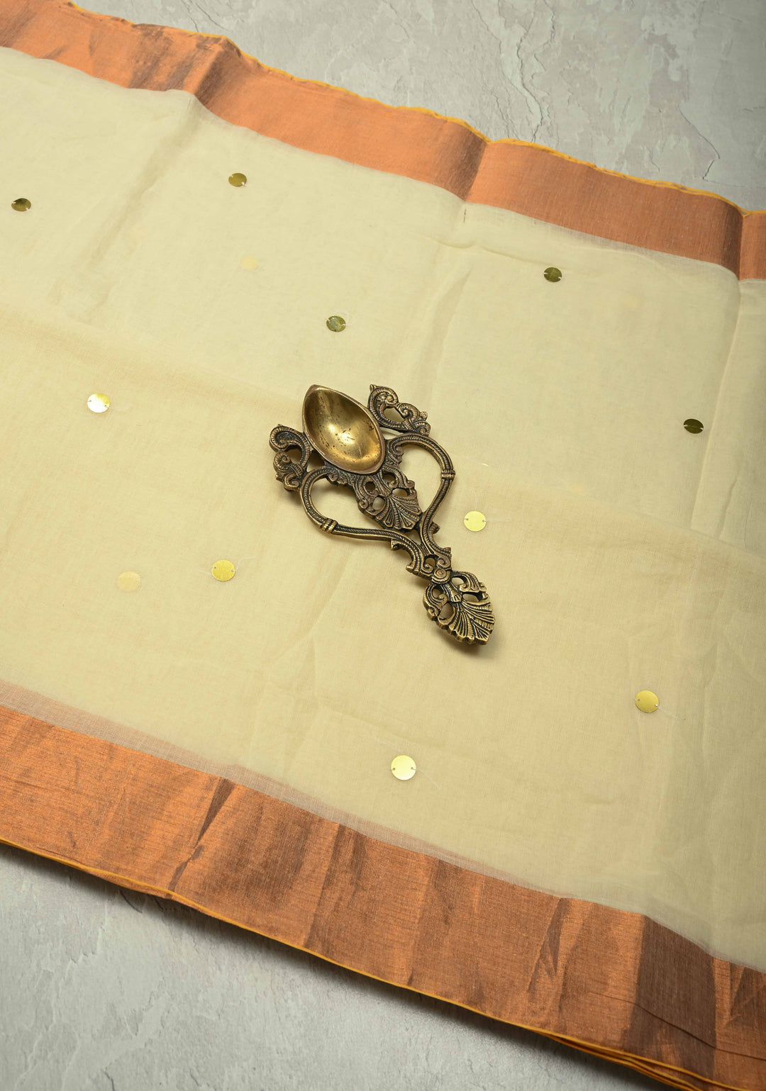 Beige Bengal Cotton saree in With Tikki work and Long Tassels No Blouse Piece