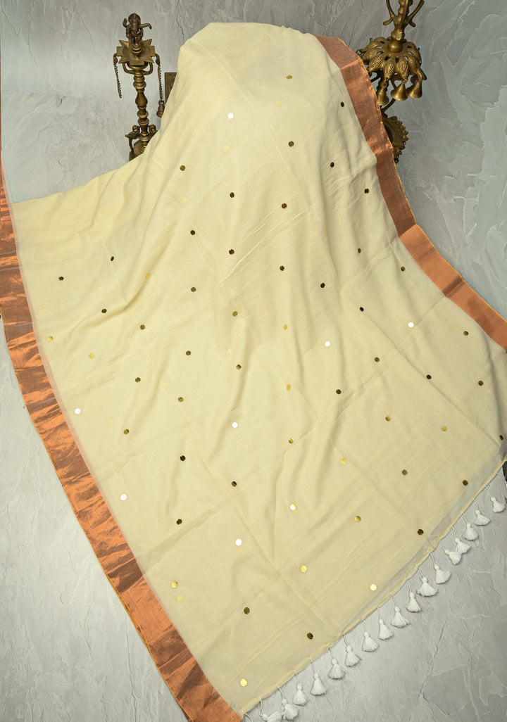 Beige Bengal Cotton saree in With Tikki work and Long Tassels No Blouse Piece