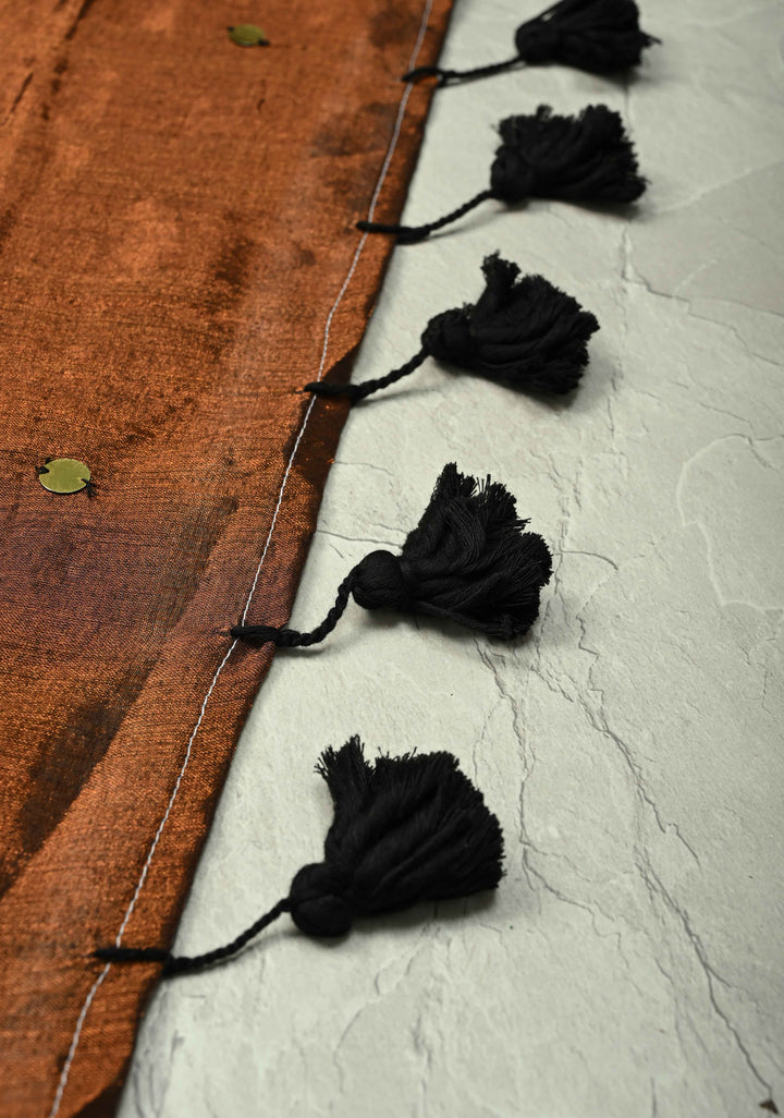 Brown Tissue by Tissue Saree with Tikki Work and Long Tassels , No Blouse Peice