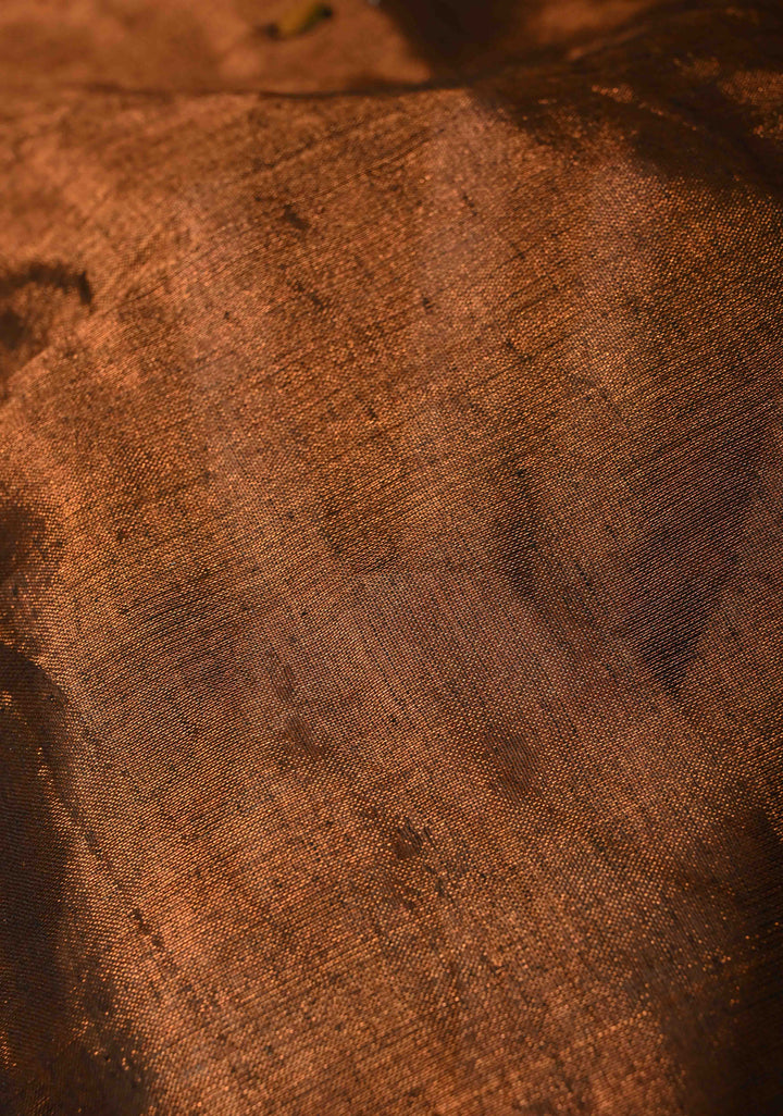 Brown Tissue by Tissue Saree with Tikki Work and Long Tassels , No Blouse Peice