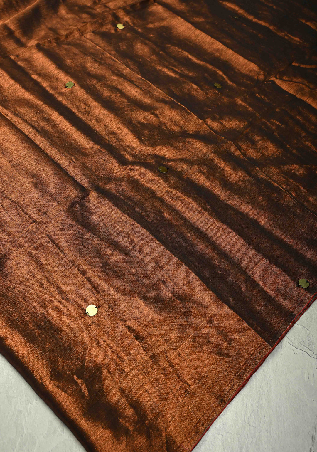 Brown Tissue by Tissue Saree with Tikki Work and Long Tassels , No Blouse Peice