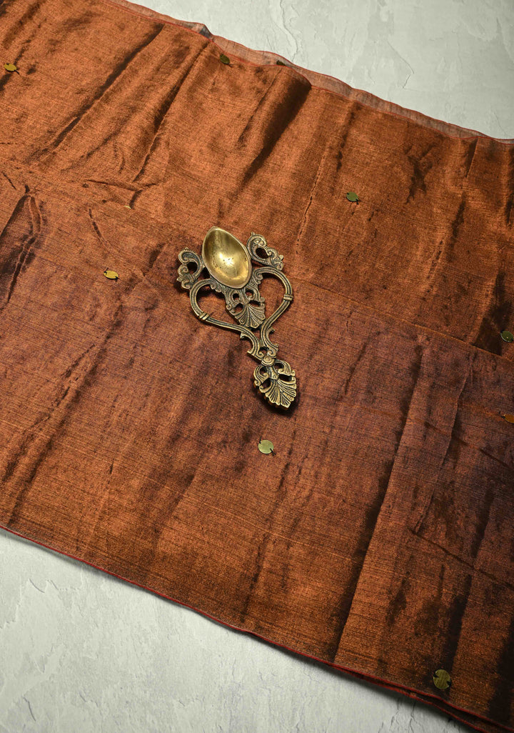 Brown Tissue by Tissue Saree with Tikki Work and Long Tassels , No Blouse Peice