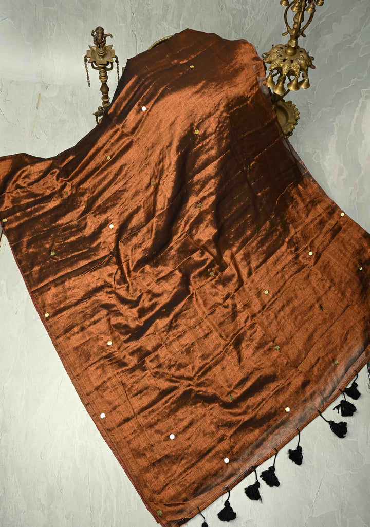 Brown Tissue by Tissue Saree with Tikki Work and Long Tassels , No Blouse Peice
