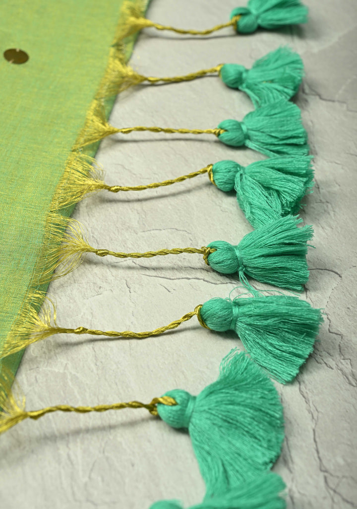 Lime Green Tissue by Tissue Saree with Tikki Work and Long Tassels , No Blouse Peice
