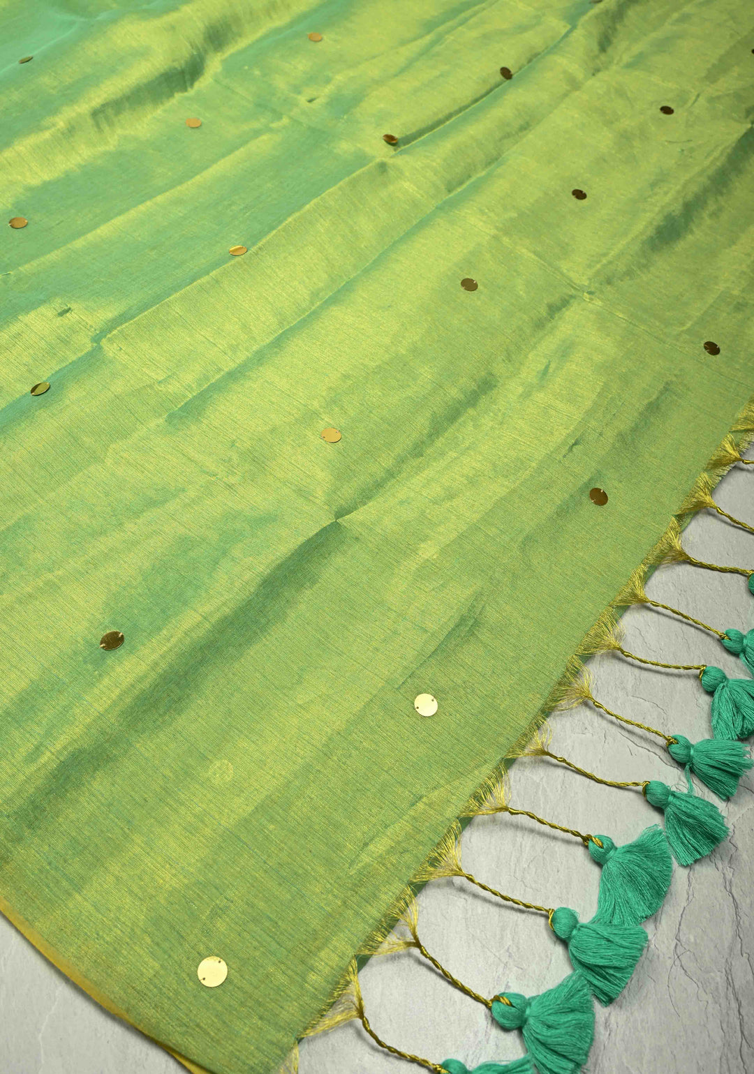 Lime Green Tissue by Tissue Saree with Tikki Work and Long Tassels , No Blouse Peice