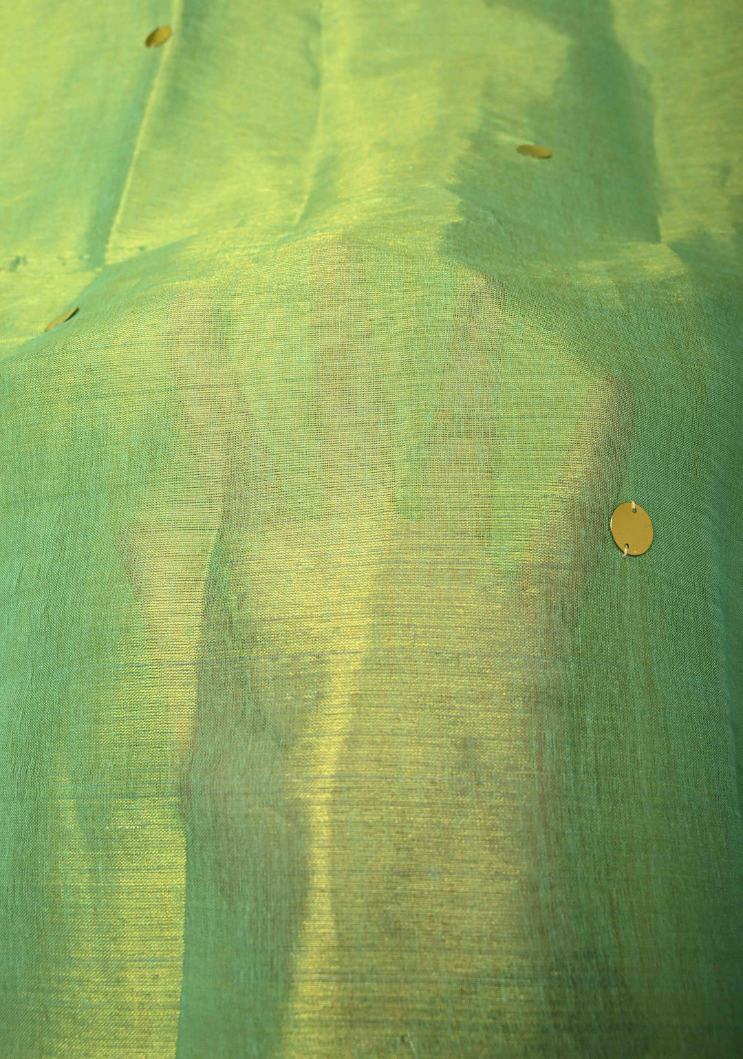 Lime Green Tissue by Tissue Saree with Tikki Work and Long Tassels , No Blouse Peice