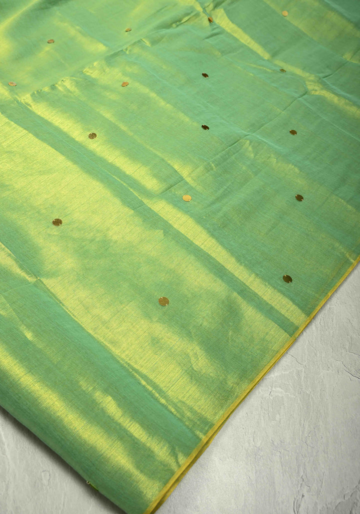 Lime Green Tissue by Tissue Saree with Tikki Work and Long Tassels , No Blouse Peice