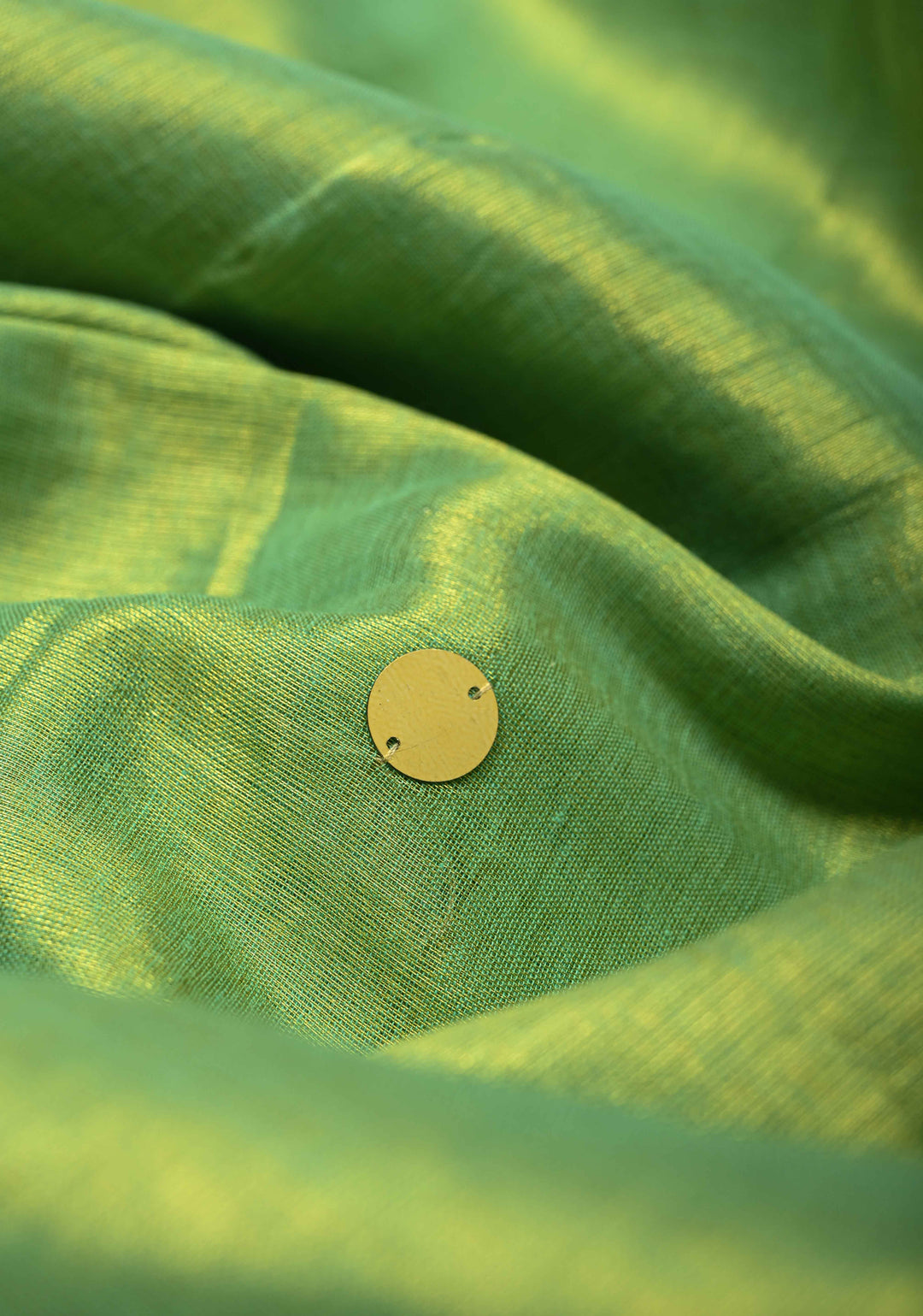 Lime Green Tissue by Tissue Saree with Tikki Work and Long Tassels , No Blouse Peice