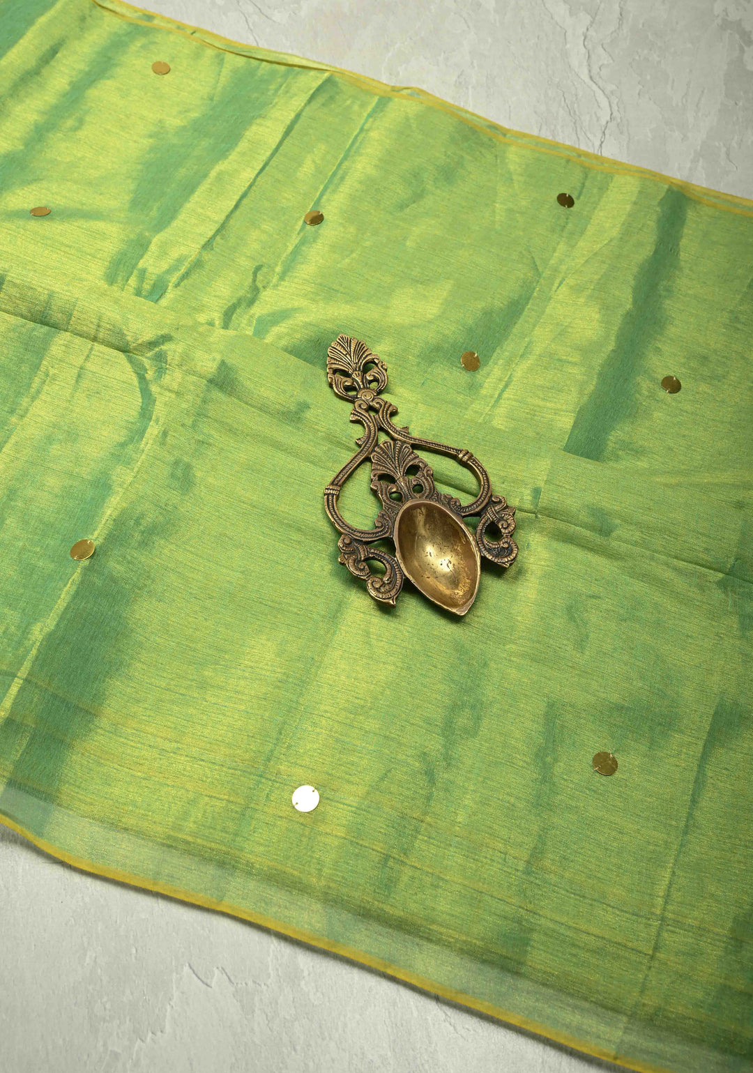 Lime Green Tissue by Tissue Saree with Tikki Work and Long Tassels , No Blouse Peice