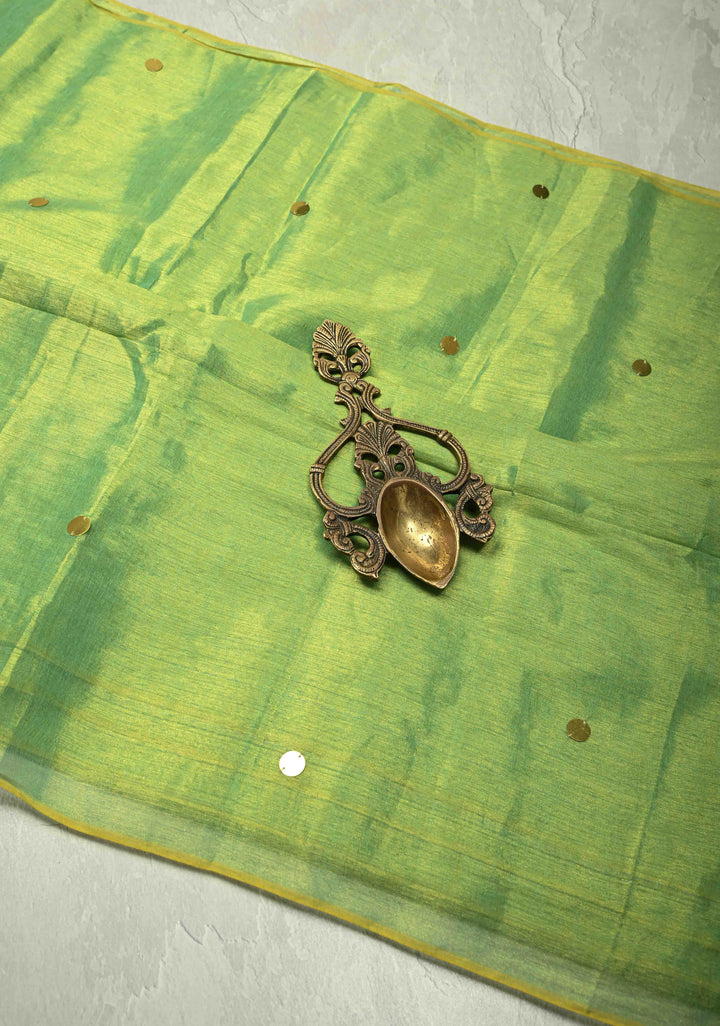 Lime Green Tissue by Tissue Saree with Tikki Work and Long Tassels , No Blouse Peice