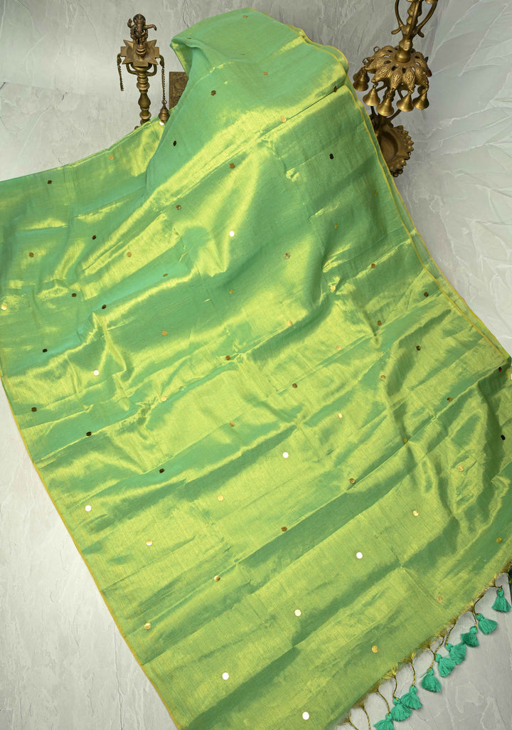 Lime Green Tissue by Tissue Saree with Tikki Work and Long Tassels , No Blouse Peice