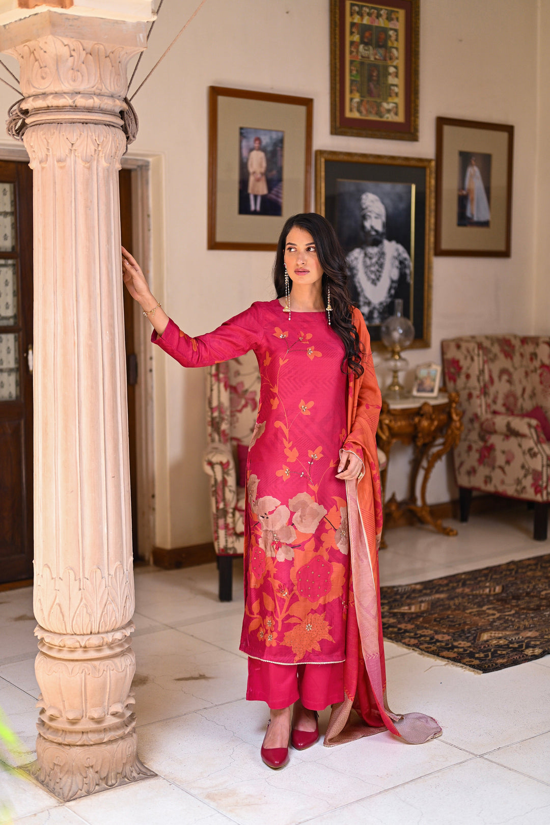Fresh Pink and Orange Bloom Pure Muslin Suit Set With Patch Work and Moti with Tube Bead Work - SET OF-3 | SHOBITAM