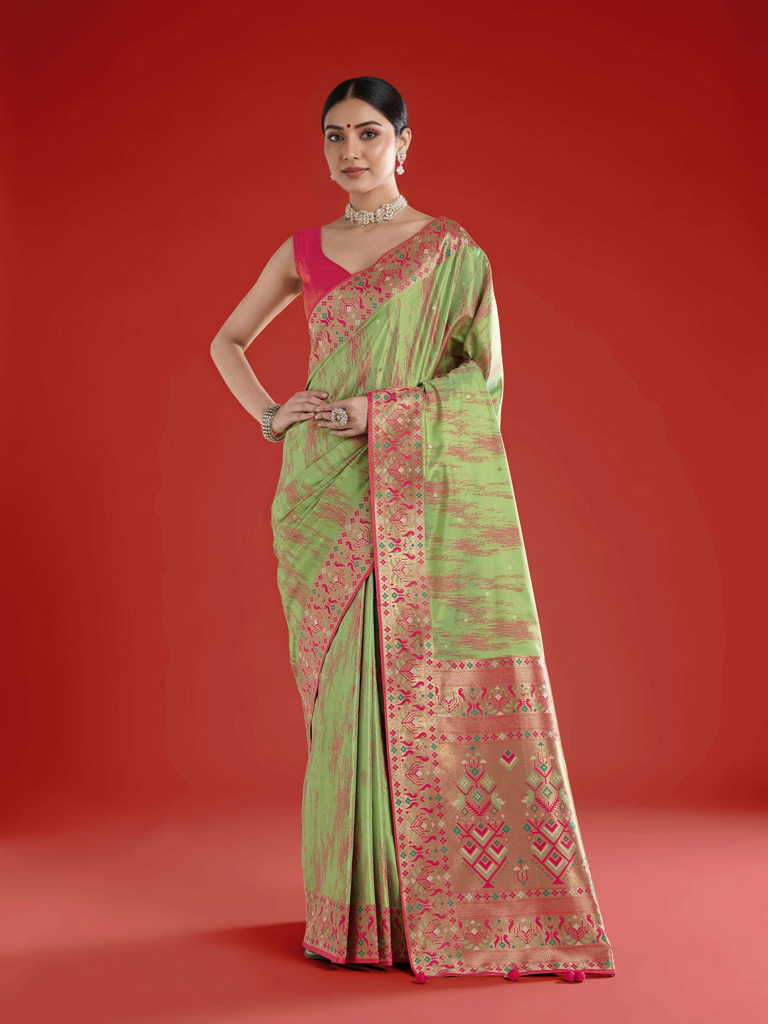 Light Green Color Semi Banarasi Tissue Silk Paithani Woven Saree | SHOBITAM
