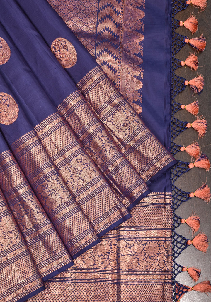 Pre-order Kanjivaram Silk Saree with mandala Motifs in Midnight Blue | SILK MARK CERTIFIED