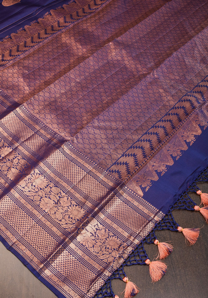 Pre-order Kanjivaram Silk Saree with mandala Motifs in Midnight Blue | SILK MARK CERTIFIED