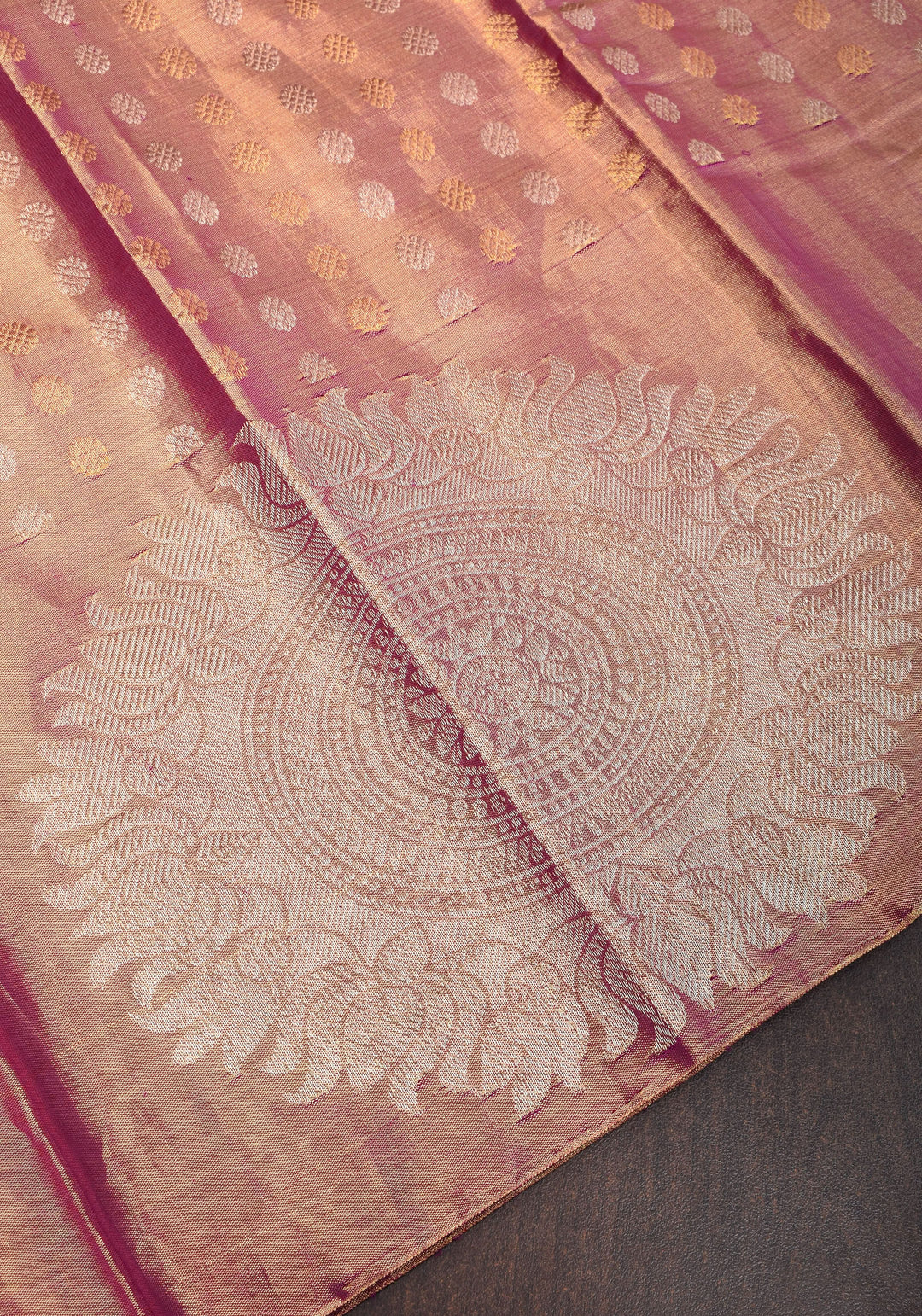Pastel Pink Gold Tissue Kanjivaram with Sun-mandala motifs and buttas | Silk Mark Certified