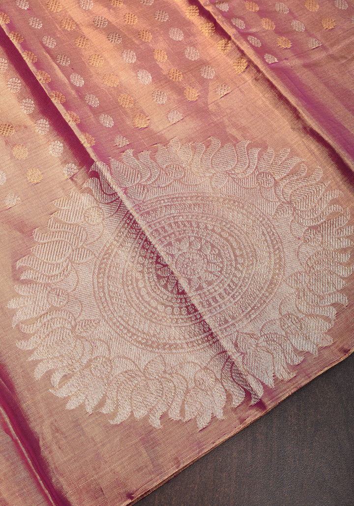 Pastel Pink Gold Tissue Kanjivaram with Sun-mandala motifs and buttas | Silk Mark Certified