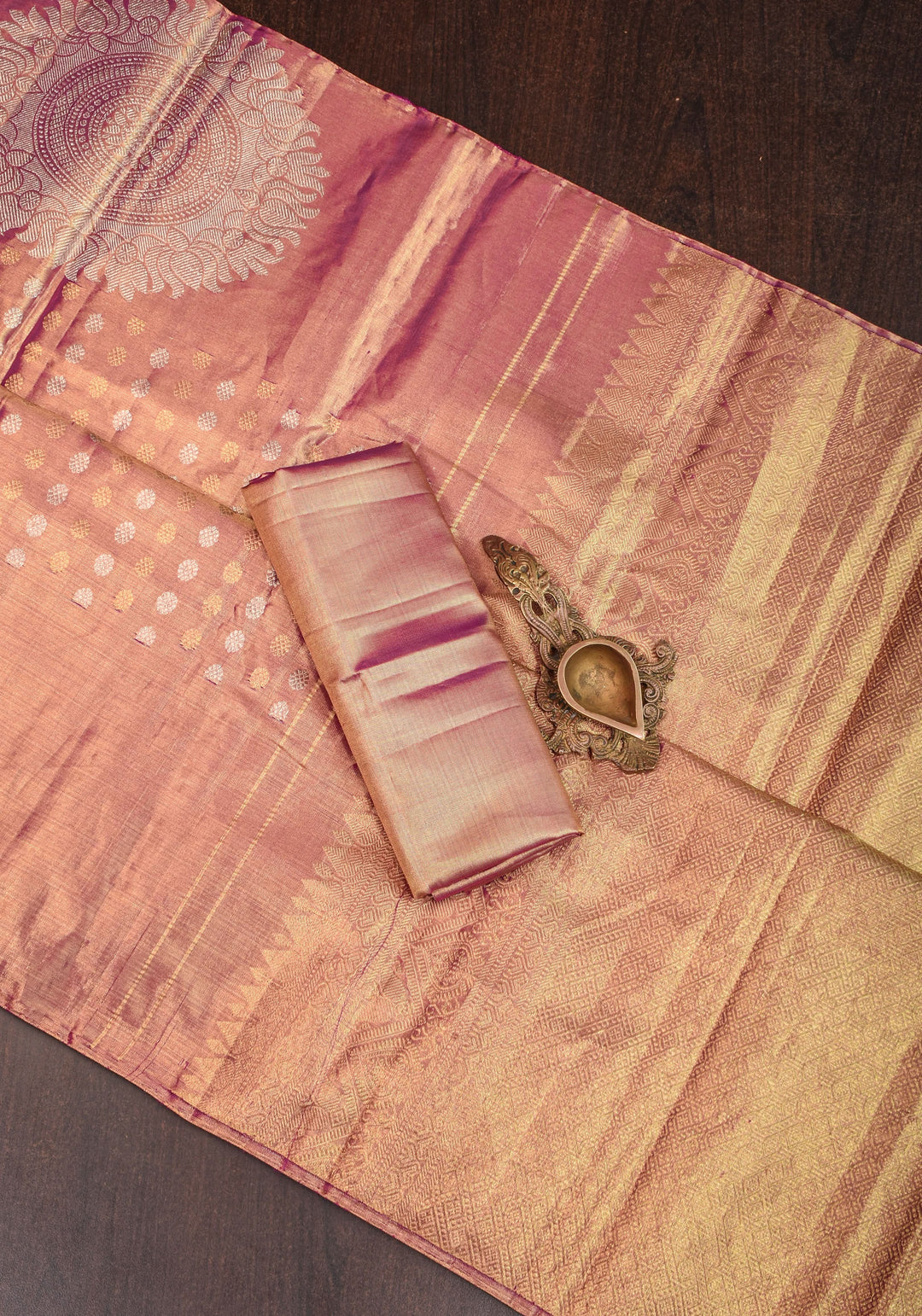Pastel Pink Gold Tissue Kanjivaram with Sun-mandala motifs and buttas | Silk Mark Certified