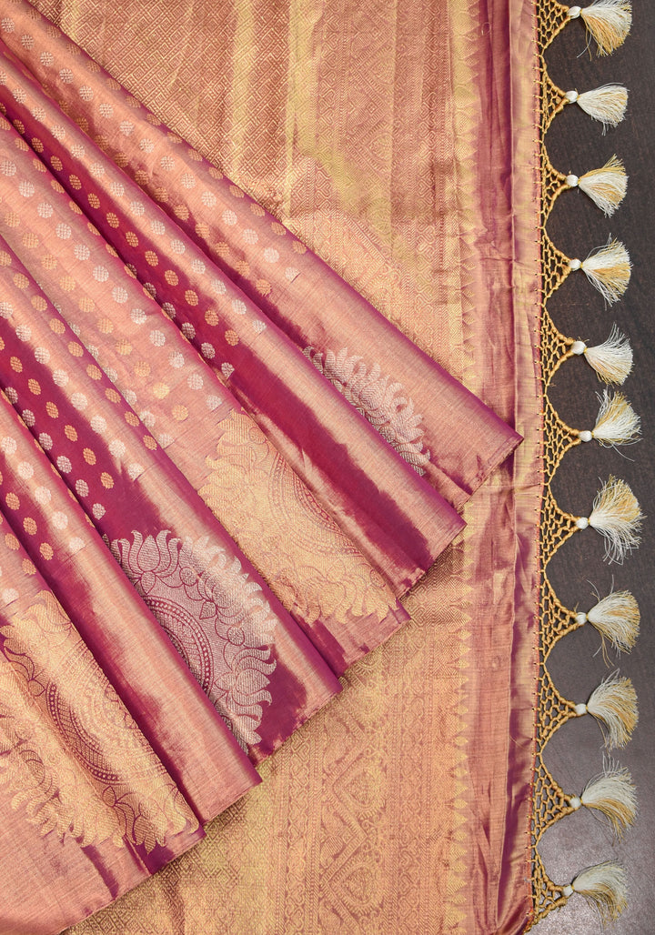 Pastel Pink Gold Tissue Kanjivaram with Sun-mandala motifs and buttas | Silk Mark Certified