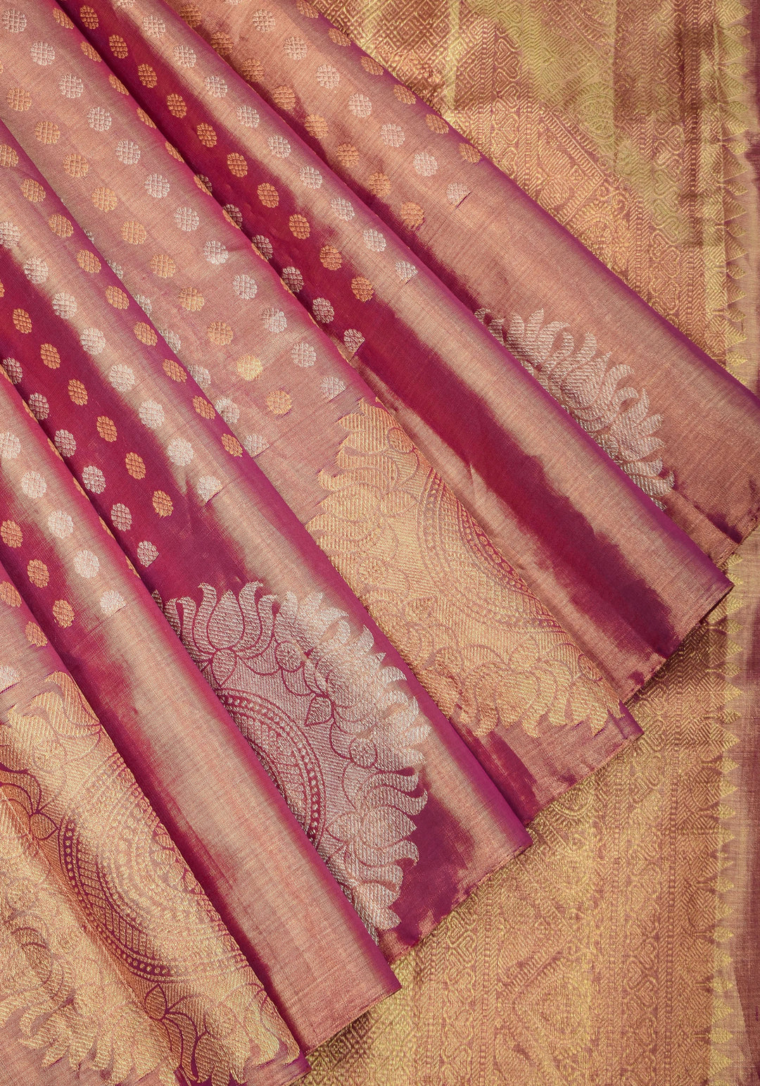 Pastel Pink Gold Tissue Kanjivaram with Sun-mandala motifs and buttas | Silk Mark Certified