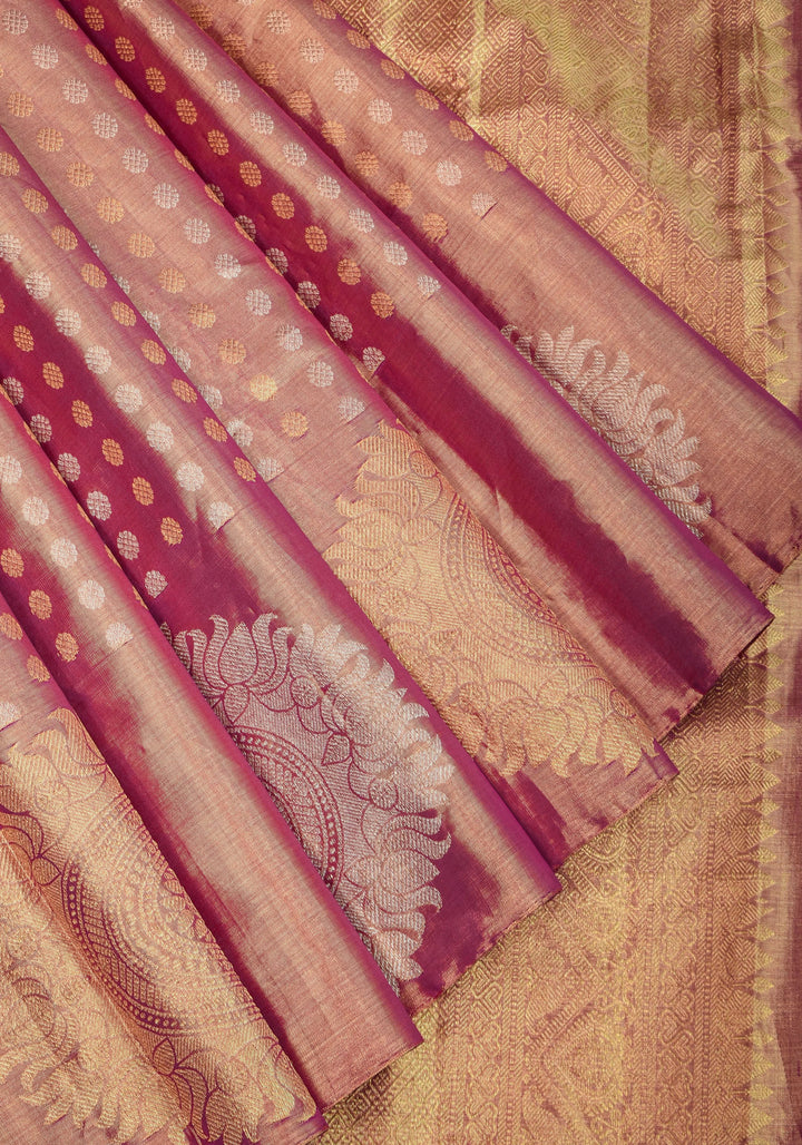 Pastel Pink Gold Tissue Kanjivaram with Sun-mandala motifs and buttas | Silk Mark Certified
