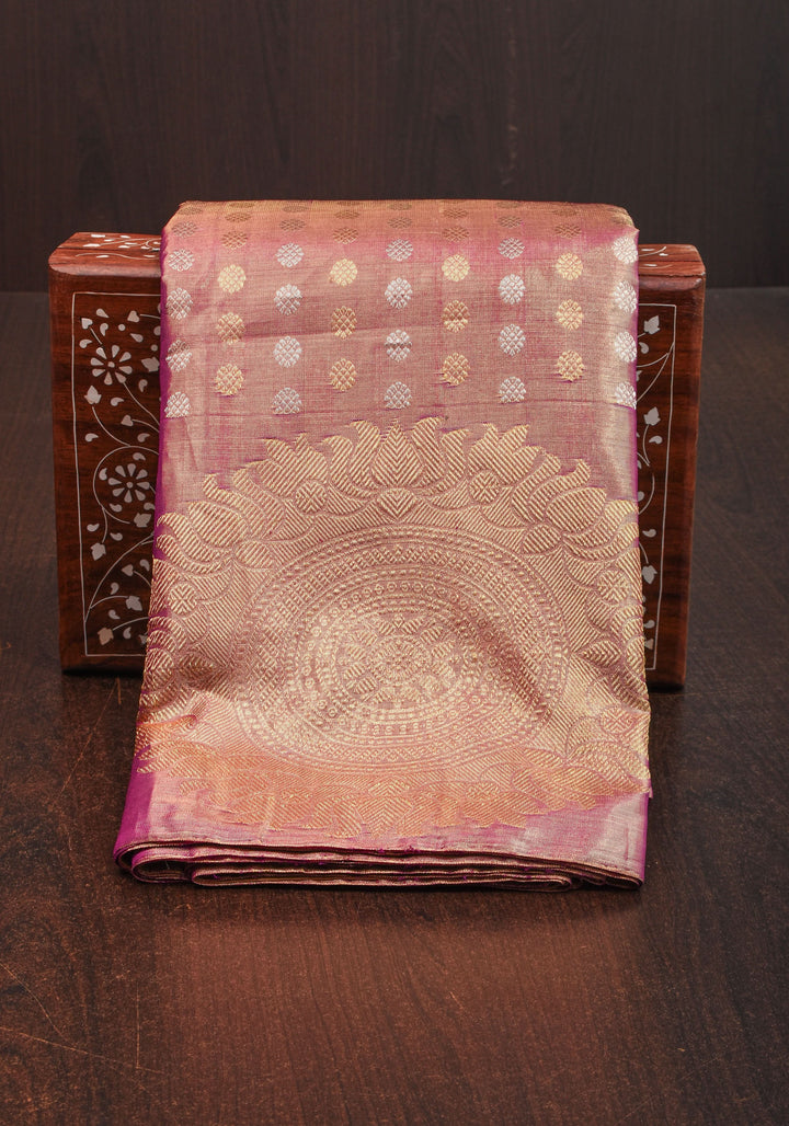 Pastel Pink Gold Tissue Kanjivaram with Sun-mandala motifs and buttas | Silk Mark Certified