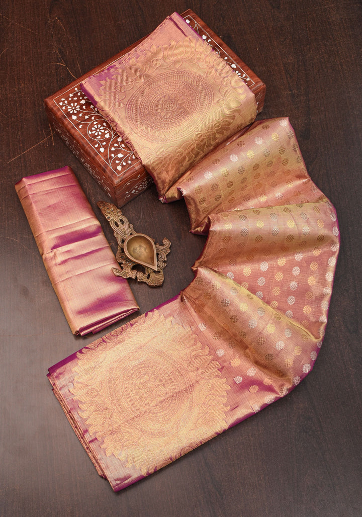 Pastel Pink Gold Tissue Kanjivaram with Sun-mandala motifs and buttas | Silk Mark Certified