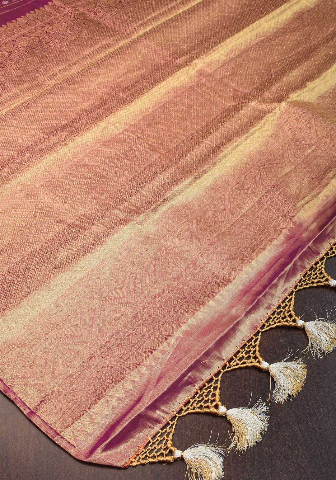 Pastel Pink Gold Tissue Kanjivaram with Sun-mandala motifs and buttas | Silk Mark Certified