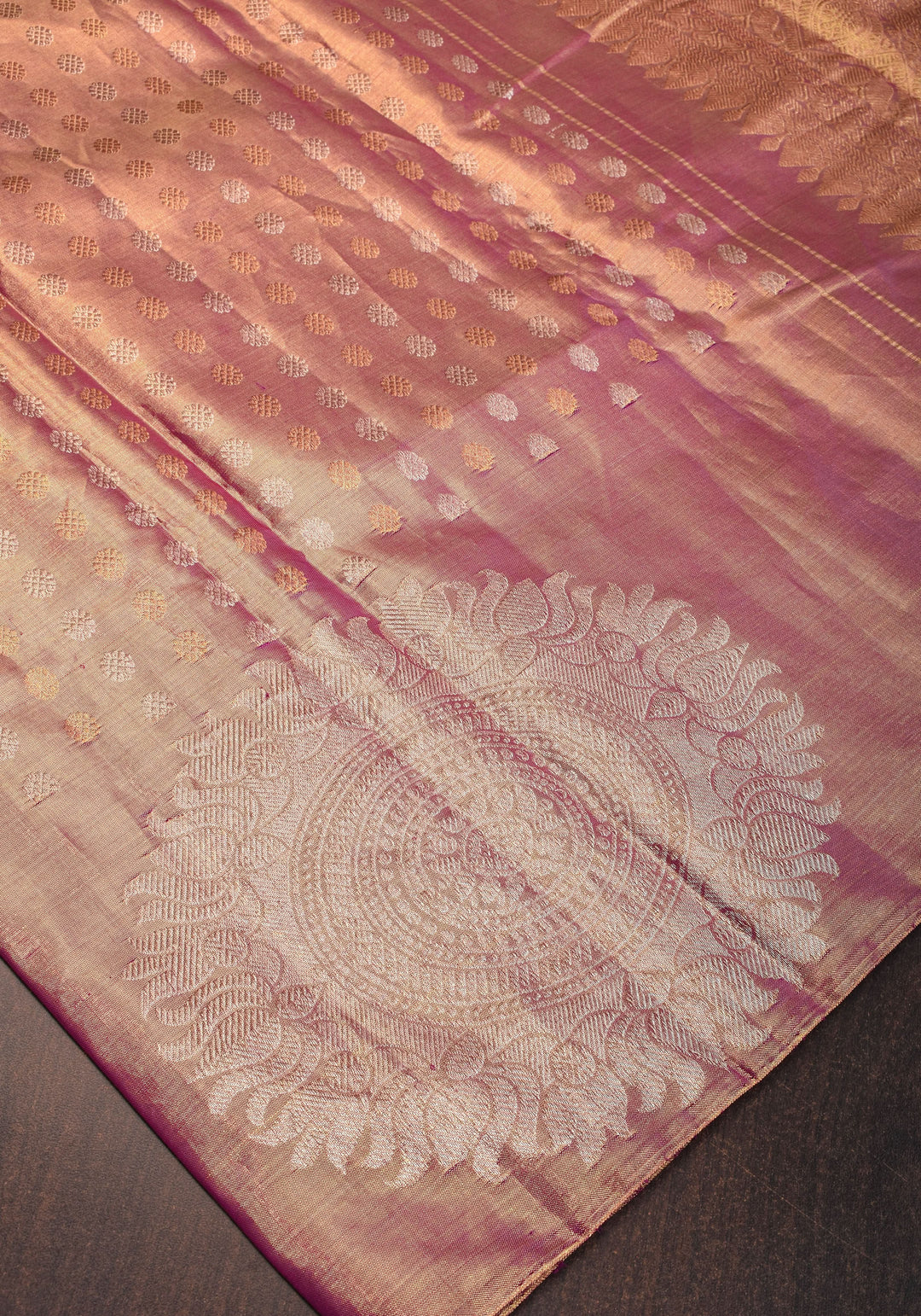 Pastel Pink Gold Tissue Kanjivaram with Sun-mandala motifs and buttas | Silk Mark Certified