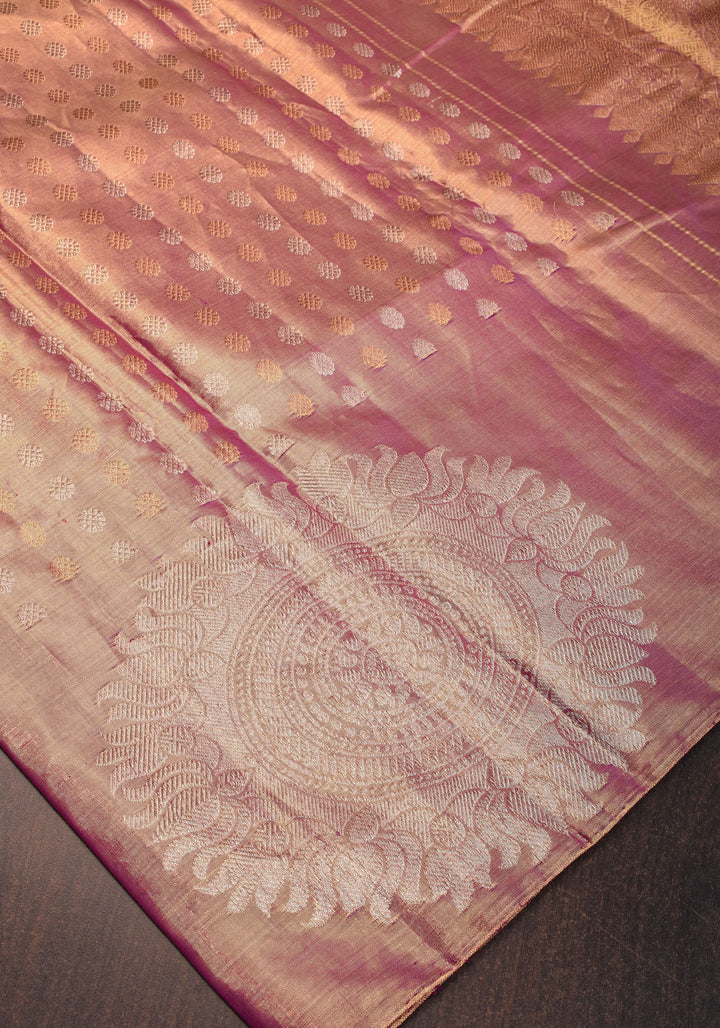 Pastel Pink Gold Tissue Kanjivaram with Sun-mandala motifs and buttas | Silk Mark Certified