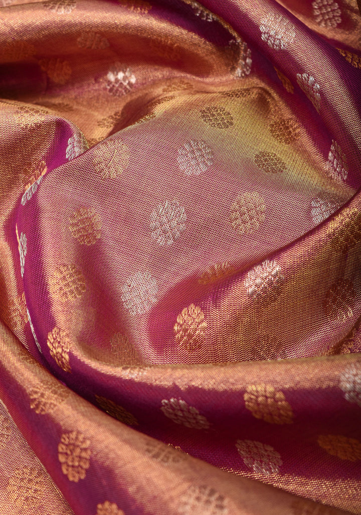 Pastel Pink Gold Tissue Kanjivaram with Sun-mandala motifs and buttas | Silk Mark Certified