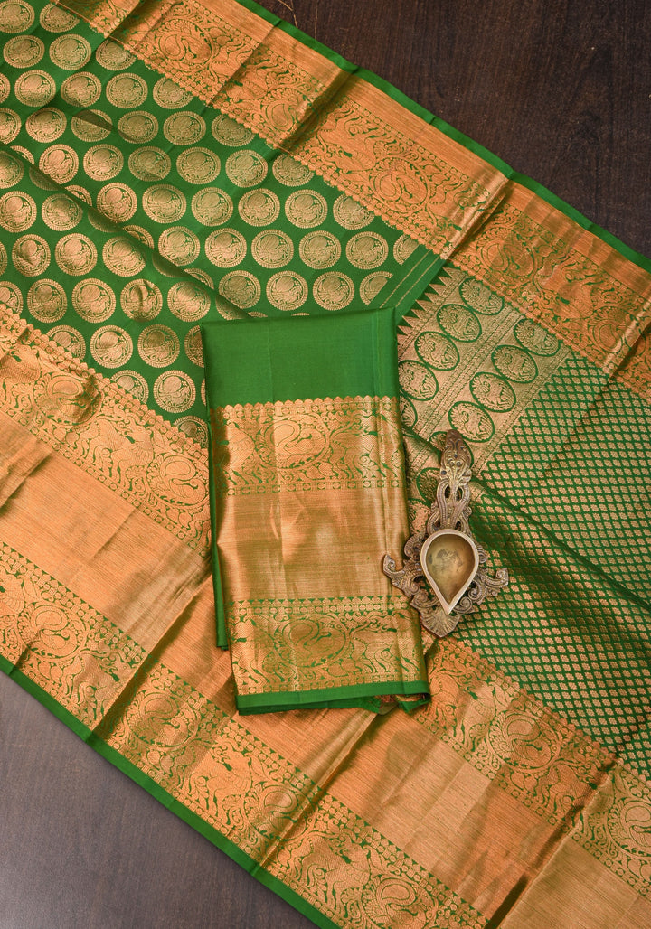 Exquisite Celebrity Grand Brocade Kanjivaram Pure Silk Saree in Leaf Green with Intricate Pallu and Zari  | SILK MARK CERTIFIED