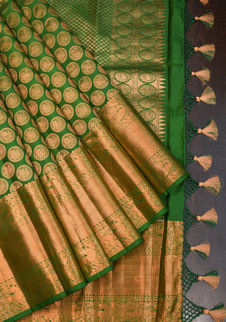 Exquisite Celebrity Grand Brocade Kanjivaram Pure Silk Saree in Leaf Green with Intricate Pallu and Zari  | SILK MARK CERTIFIED