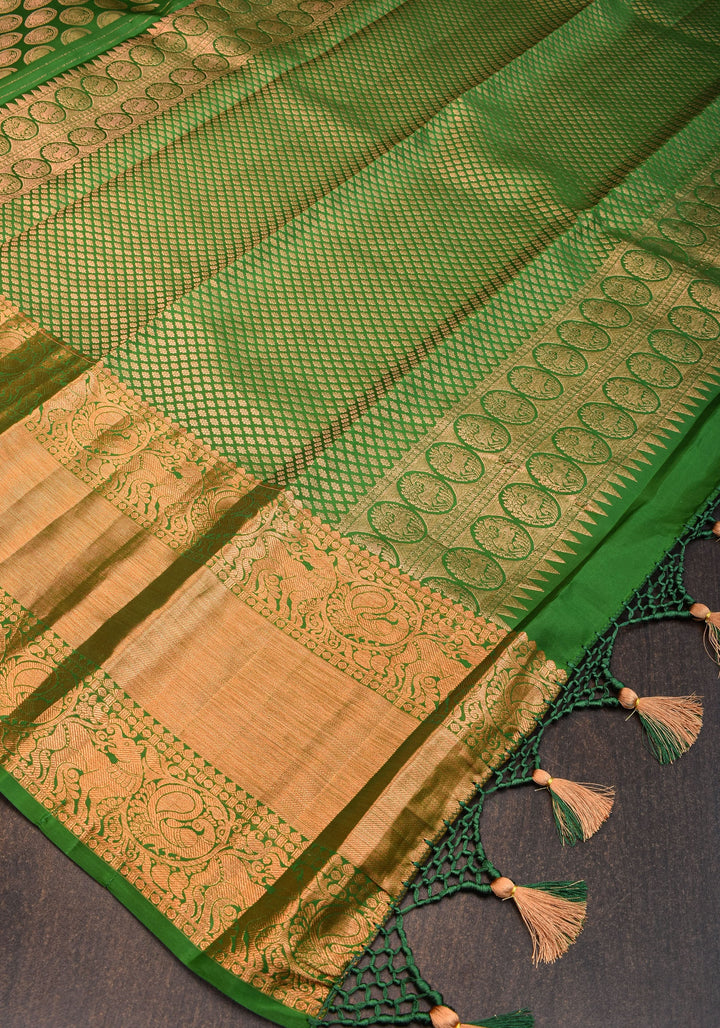 Exquisite Celebrity Grand Brocade Kanjivaram Pure Silk Saree in Leaf Green with Intricate Pallu and Zari  | SILK MARK CERTIFIED