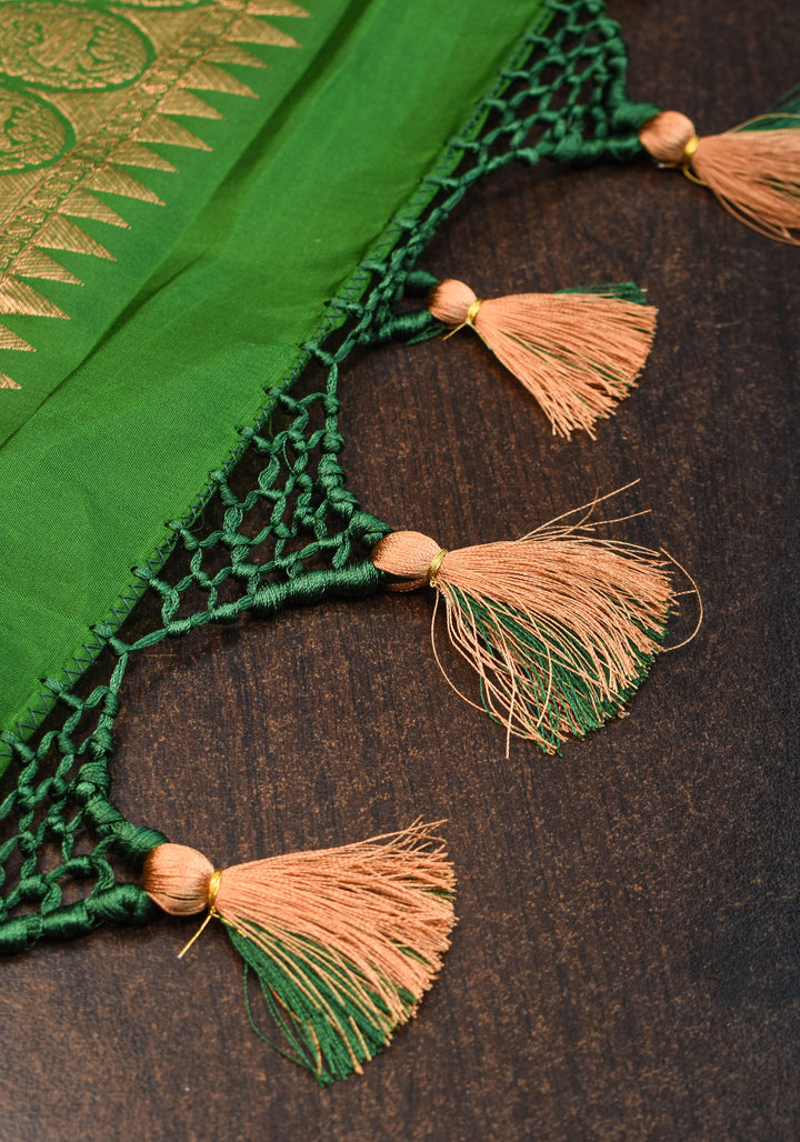 Exquisite Celebrity Grand Brocade Kanjivaram Pure Silk Saree in Leaf Green with Intricate Pallu and Zari  | SILK MARK CERTIFIED